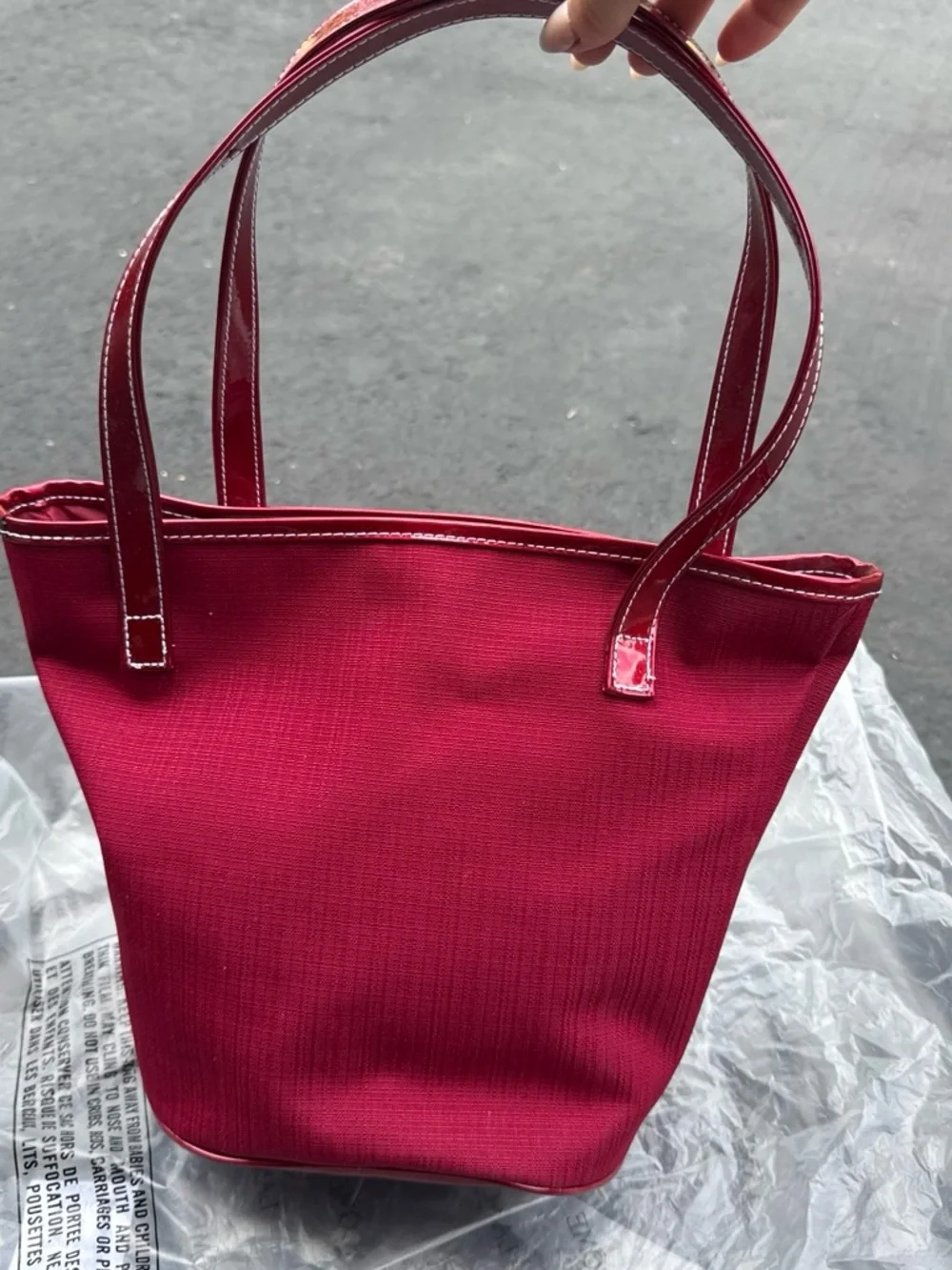 Lancome Red Patent-Trim Canvas Tote